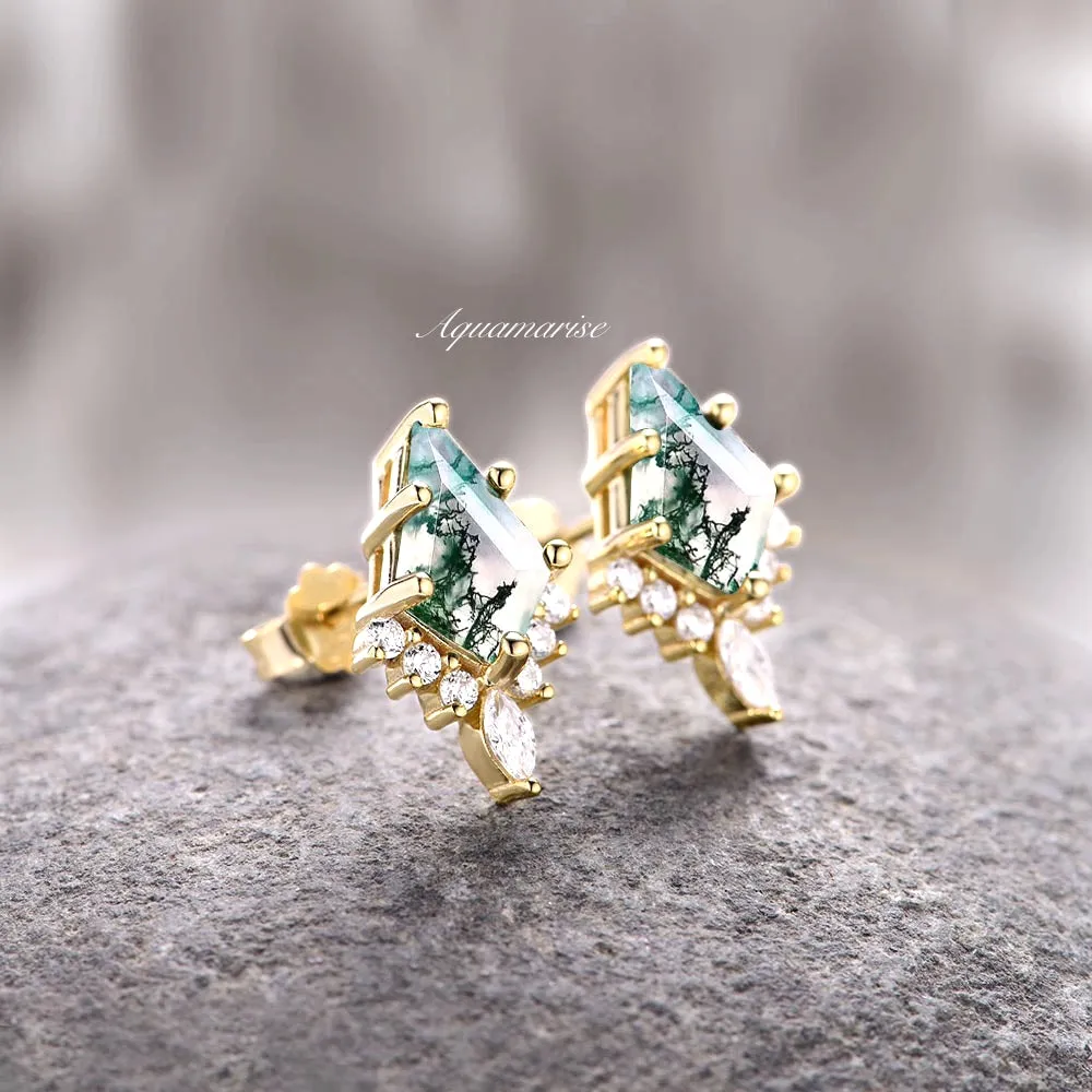 Skye Kite Green Moss Agate Stud Earrings- 14K Yellow Gold Vermeil