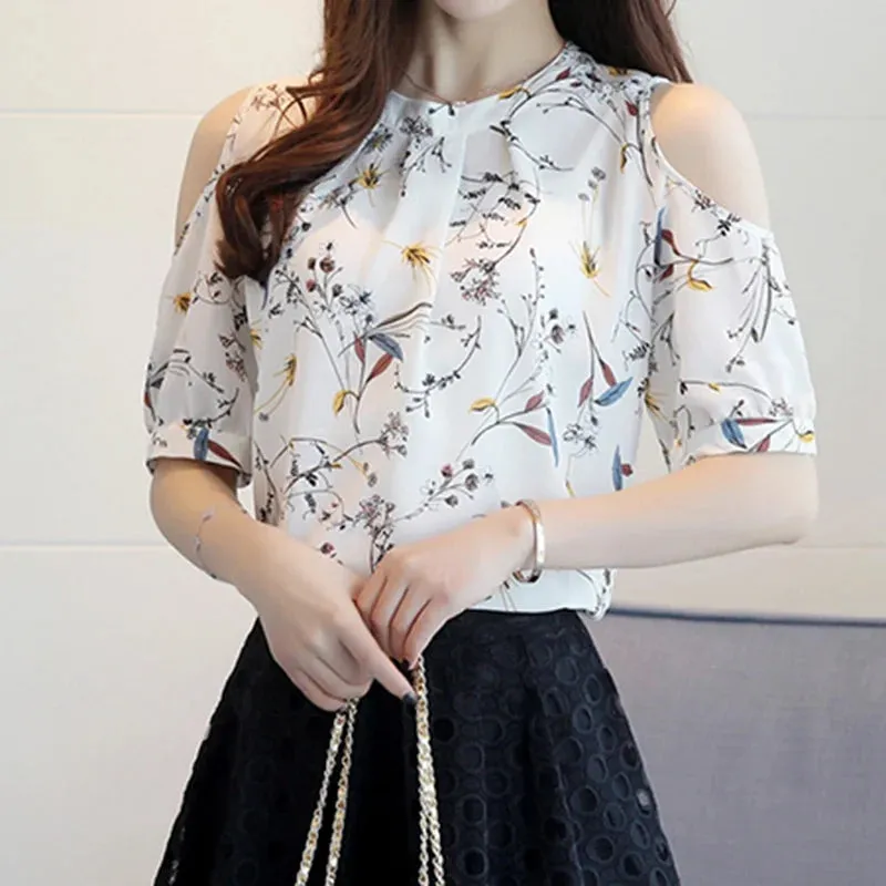 Summer Floral Shirt For Womens Elegant Open Shoulder Blouses Chiffon Print Blusas Women Clothing Blusas Mujer Female Tops