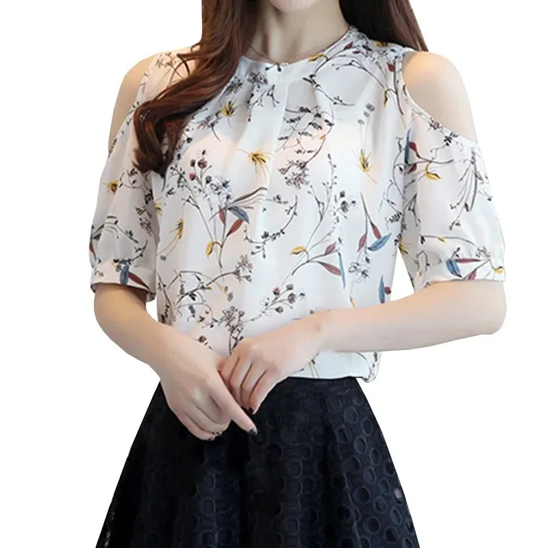 Summer Floral Shirt For Womens Elegant Open Shoulder Blouses Chiffon Print Blusas Women Clothing Blusas Mujer Female Tops