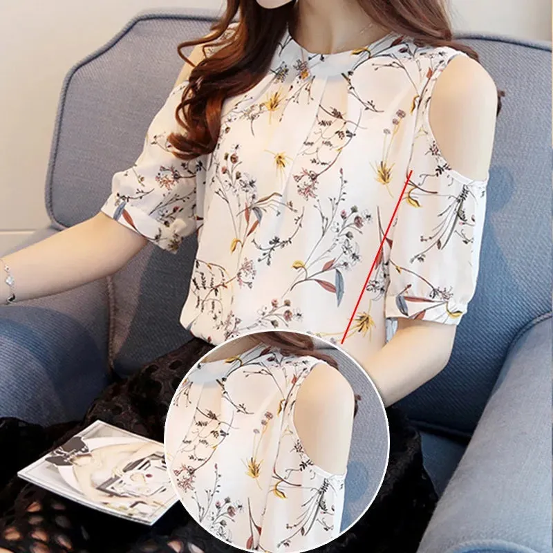 Summer Floral Shirt For Womens Elegant Open Shoulder Blouses Chiffon Print Blusas Women Clothing Blusas Mujer Female Tops