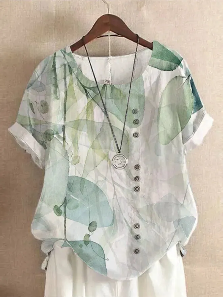 Summer O-Neck Short Sleeve Retro Floral Printing Loose Blouse Top 2024 Fashion Women Buttons Casual Shirts