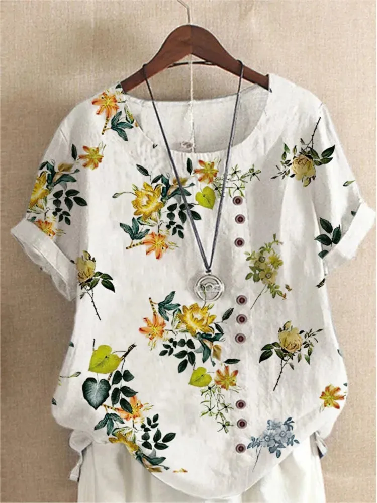 Summer O-Neck Short Sleeve Retro Floral Printing Loose Blouse Top 2024 Fashion Women Buttons Casual Shirts