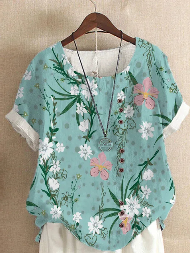 Summer O-Neck Short Sleeve Retro Floral Printing Loose Blouse Top 2024 Fashion Women Buttons Casual Shirts