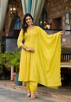 Yellow Mirror Embroidered Liva Rayon Kurta Pant And Dupatta Set With Lace & Button Detail